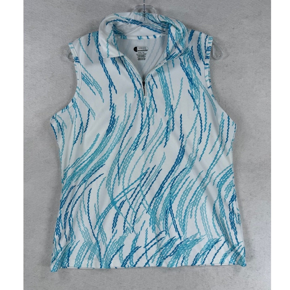 IZOD XFG Cool FX Womens Sleeveless Golf Polo Shirt Blue White Abstract Large